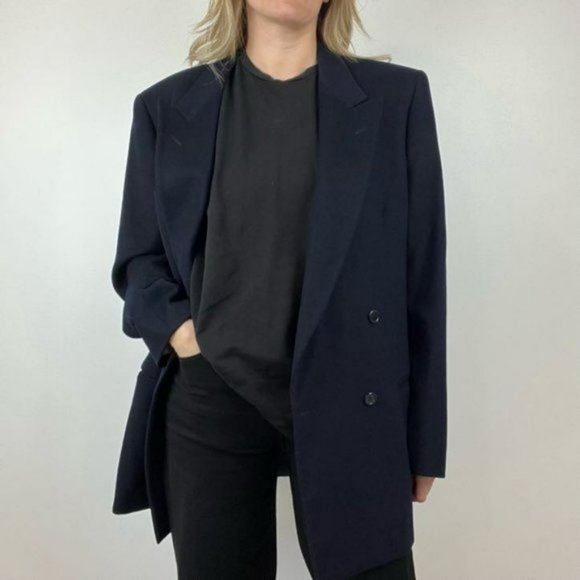Vintage Jackets & Blazers - Vintage Andrea Silardi Wool Cashmere Navy Dark Blue Blazer Jacket Pockets M / L
